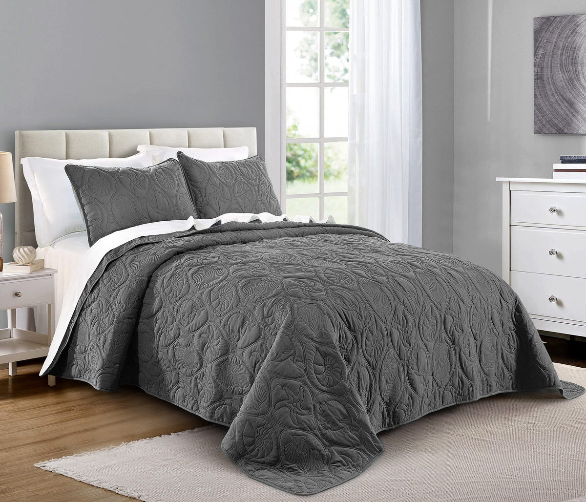 Pure Bedding Quilt Set Full/Queen Size Ash Blue - Oversized Bedspread - Soft Microfiber Lightweight Coverlet for All Season - 3 Piece Includes 1 Quilt and 2 Shams, Geometric Pattern