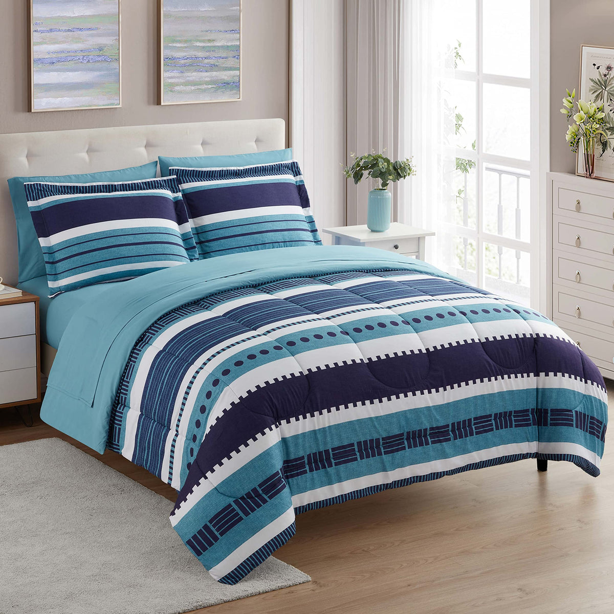 Sweet Home Collection 5 Piece Comforter Set Bag Solid Color All Season Soft Down Alternative Blanket & Luxurious Microfiber Bed Sheets, Navy, Twin