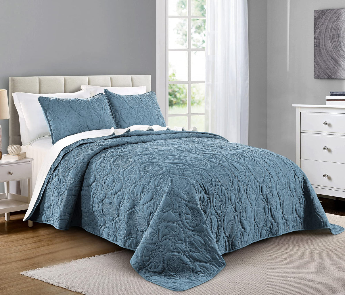 Pure Bedding Quilt Set Full/Queen Size Ash Blue - Oversized Bedspread - Soft Microfiber Lightweight Coverlet for All Season - 3 Piece Includes 1 Quilt and 2 Shams, Geometric Pattern