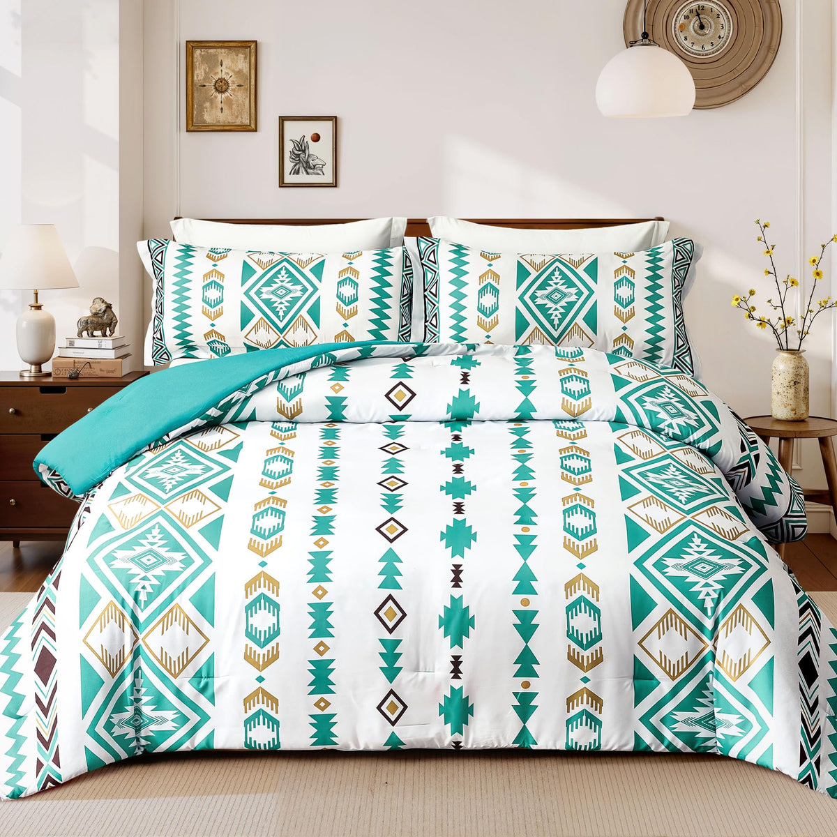 Tyrot King Comforter Set – 3 Piece Brown Boho Aztec Bedding, Western Southwestern Style Comforter Sets, Soft Lightweight Comforter for All Seasons, 1 Comforter & 2 Pillow Shams