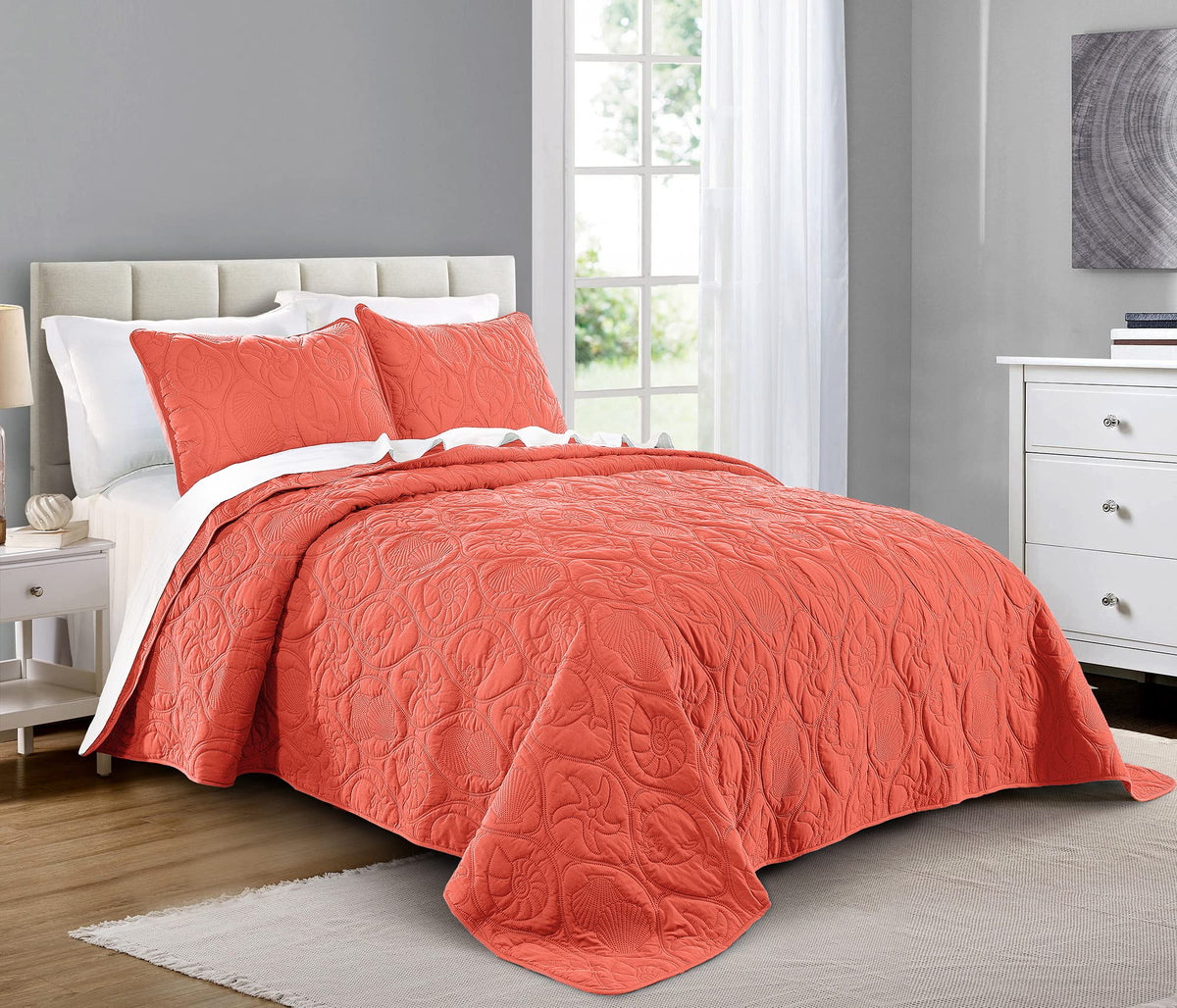 Pure Bedding Quilt Set Full/Queen Size Ash Blue - Oversized Bedspread - Soft Microfiber Lightweight Coverlet for All Season - 3 Piece Includes 1 Quilt and 2 Shams, Geometric Pattern