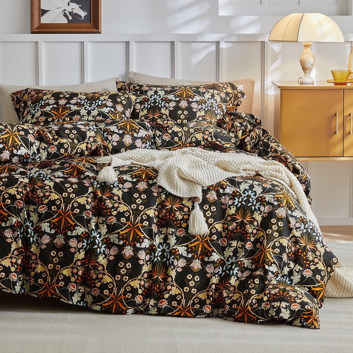 mixinni Duvet Cover Set King Size Bird Flower Pattern Soft Long Staple Cotton Floral Bedding Comforter Cover Set with Zipper Ties for Women and Men, Ultra Soft, Breathable, Easy Care-King Size