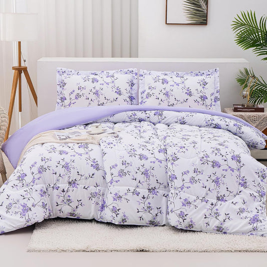 Mooreeke Floral Full Size Comforter Sets, Lightweight Purple Lavender Botanical Printed Bedding for All Seasons, 3-Piece Vintage Bed in a Bag with Fluffy Quilted Reversible Comforter & 2 Pillow Shams