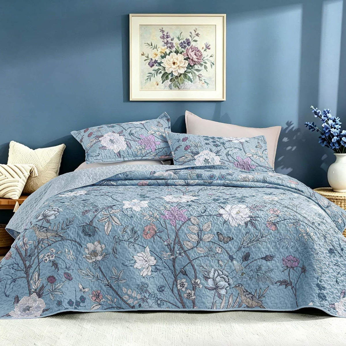 Litanika Floral Black Quilt King - 3Pcs Summer Boho Bedding Set
