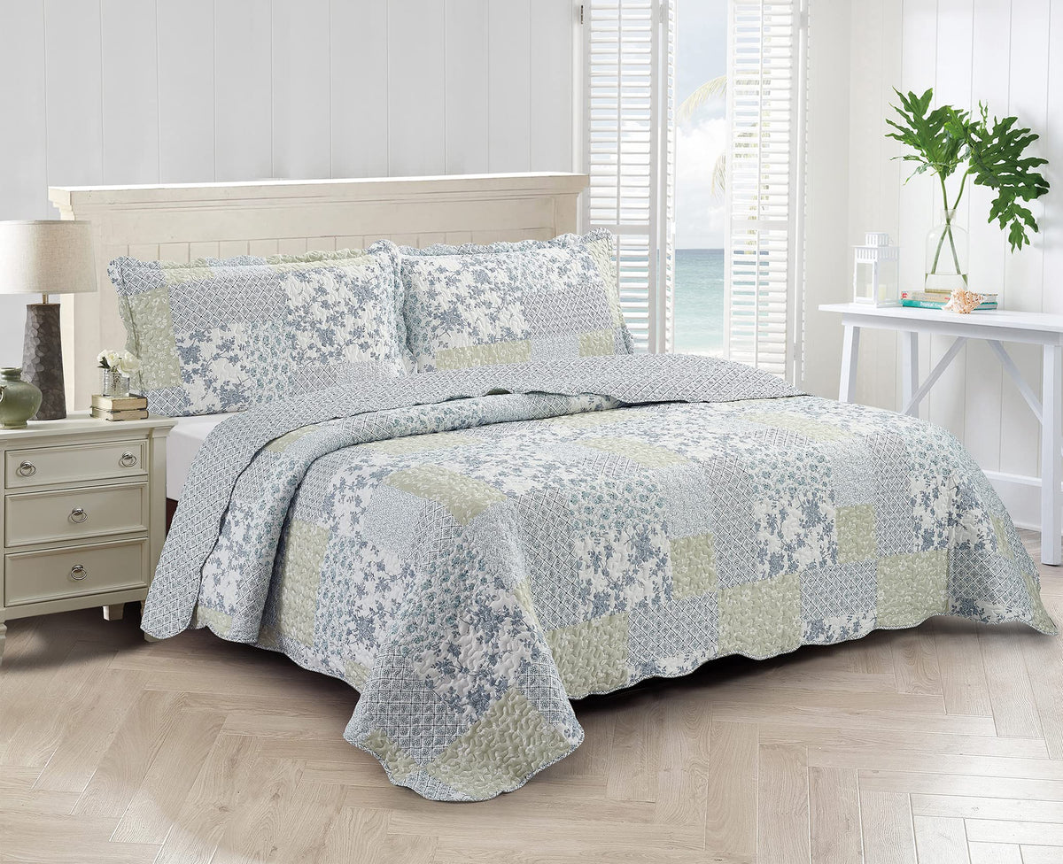 Brilliant Sunshine Rose and Sage Quilt Set, 3-Piece Bedding Sets, Traditional Patchwork Design, Washable and Reversible Bedspread, Soft Lightweight Coverlet, All-Season, Full/Queen, Light Pink Green