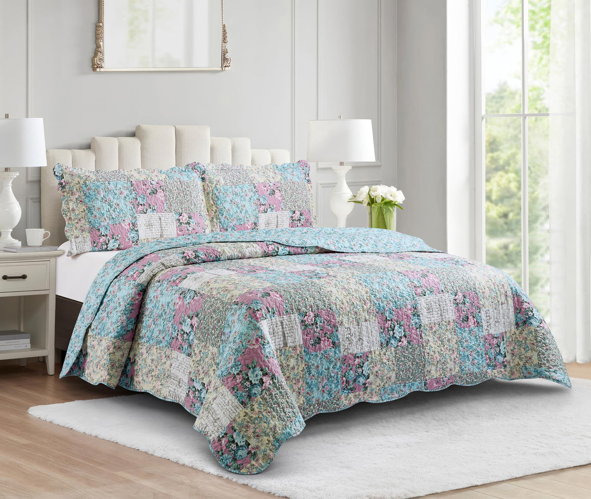 Brilliant Sunshine Rose and Sage Quilt Set, 3-Piece Bedding Sets, Traditional Patchwork Design, Washable and Reversible Bedspread, Soft Lightweight Coverlet, All-Season, Full/Queen, Light Pink Green