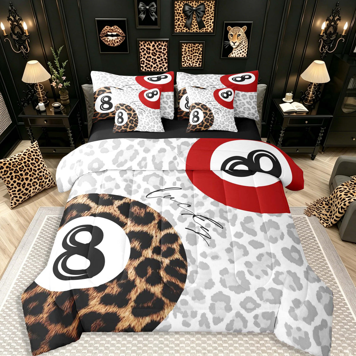 Erosebridal Leopard Print Bedding Set,7 Piece Pink Lucky 8 Ball Cheetah Bed in A Bag Queen Comforter Set for Boys Girls Women Preppy Room Decor Aesthetic Comforter and Sheets Fashion Coquette Bed Set