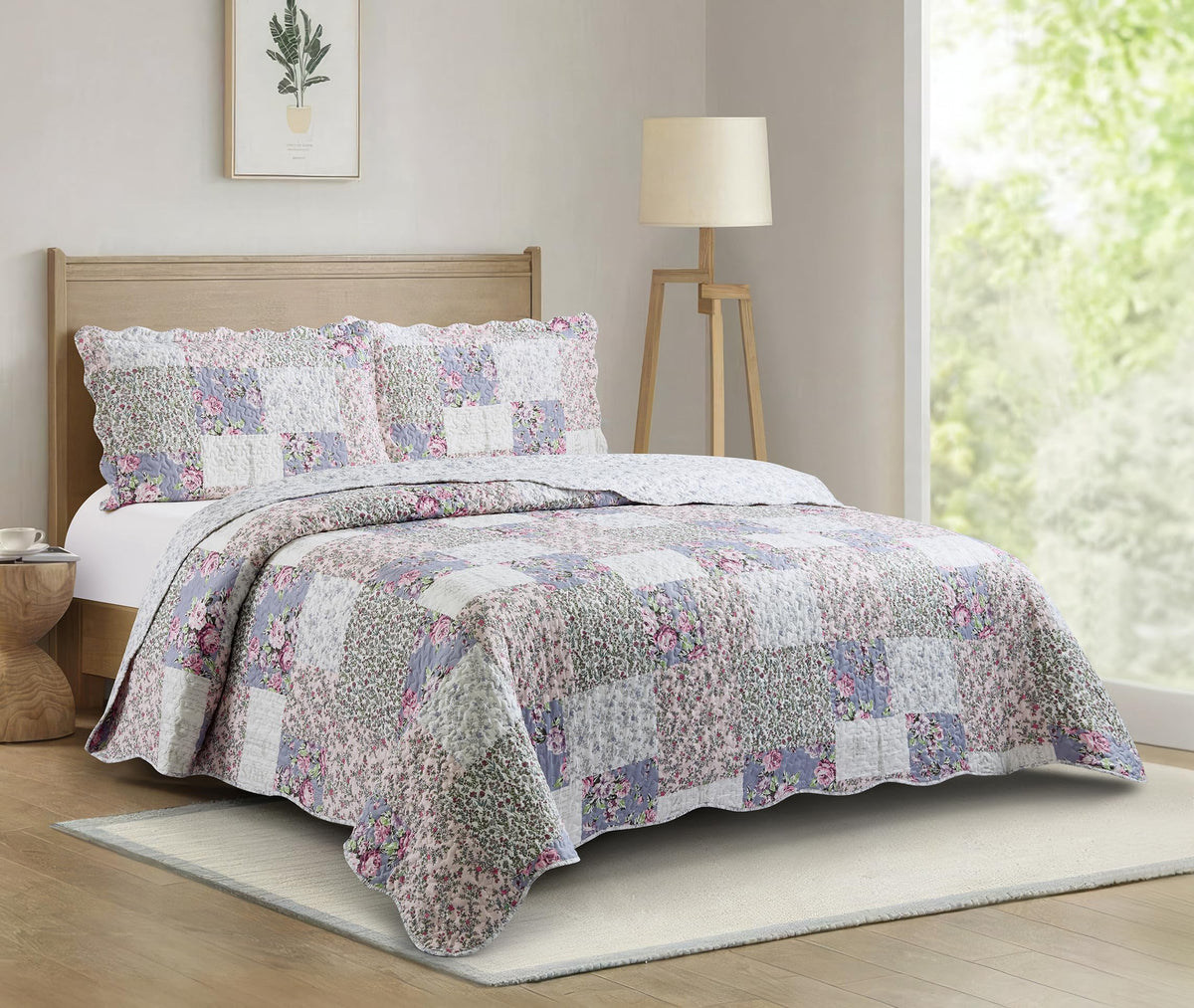 Brilliant Sunshine Rose and Sage Quilt Set, 3-Piece Bedding Sets, Traditional Patchwork Design, Washable and Reversible Bedspread, Soft Lightweight Coverlet, All-Season, Full/Queen, Light Pink Green