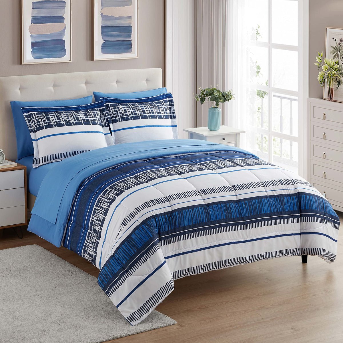 Sweet Home Collection 5 Piece Comforter Set Bag Solid Color All Season Soft Down Alternative Blanket & Luxurious Microfiber Bed Sheets, Navy, Twin