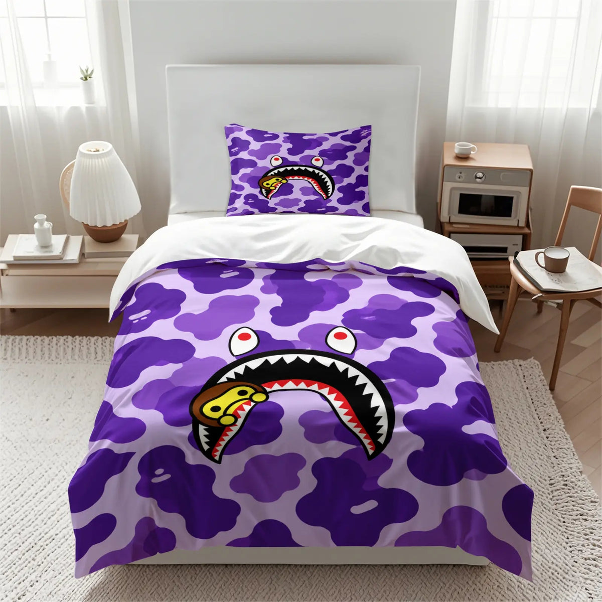 Ape Red & Black Camo Shark Mouth Cartoon Monkey Print Duvet Cover Set, 1 Duvet and 1-2 Pillowcases, Street Trendy Style Comfortable Easy Care Bedding, Ideal for Teen Hypebeast Bedroom Dorm Gaming Room Decor