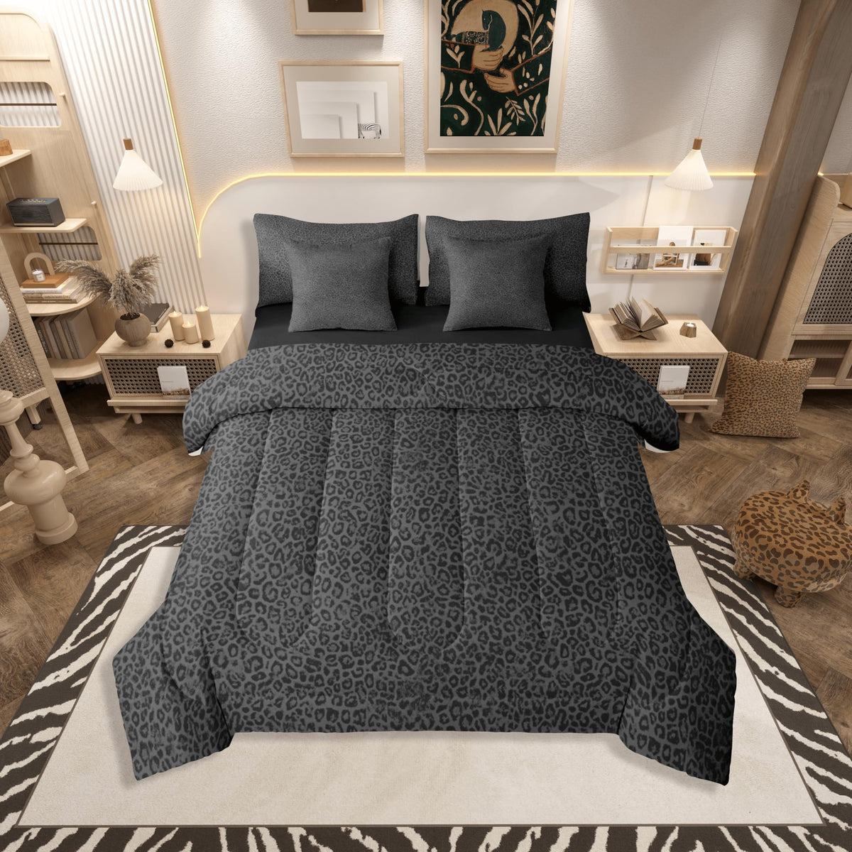 jejeloiu Leopard Print Comforter Set with Sheets 7 Piece Queen Size Cheetah Print Bedding Set for Kids Boys Girls Beige Bed in a Bag Modern Art Room Decor Soft Lightweight Microfiber