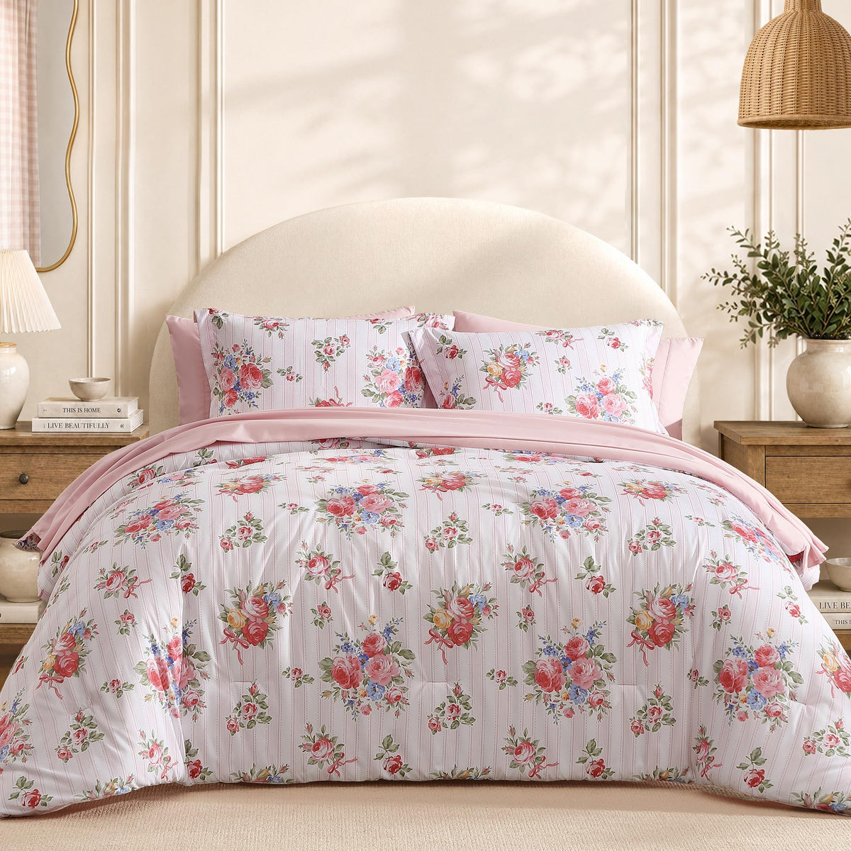 BLOOMHAVEN Queen Comforter Set-7 Pieces Brown Floral Bed in a Bag Queen