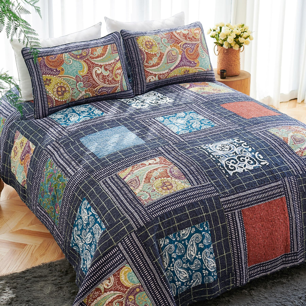 Secgo King Size Comforter Set- 100% Cotton Quilt King Size Set, Green, Sage bedspreads (96 * 108 Inch) with 2 Pillow Shams, Patchwork Reversible Lightweight Bedding