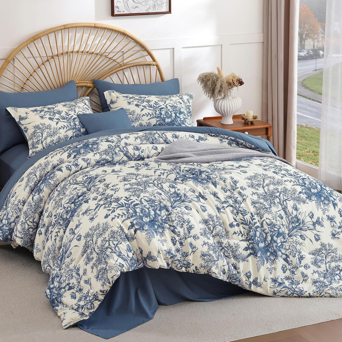Queen Comforter Set 8 Pieces, Floral Comforter Set, Brown Bed in a Bag