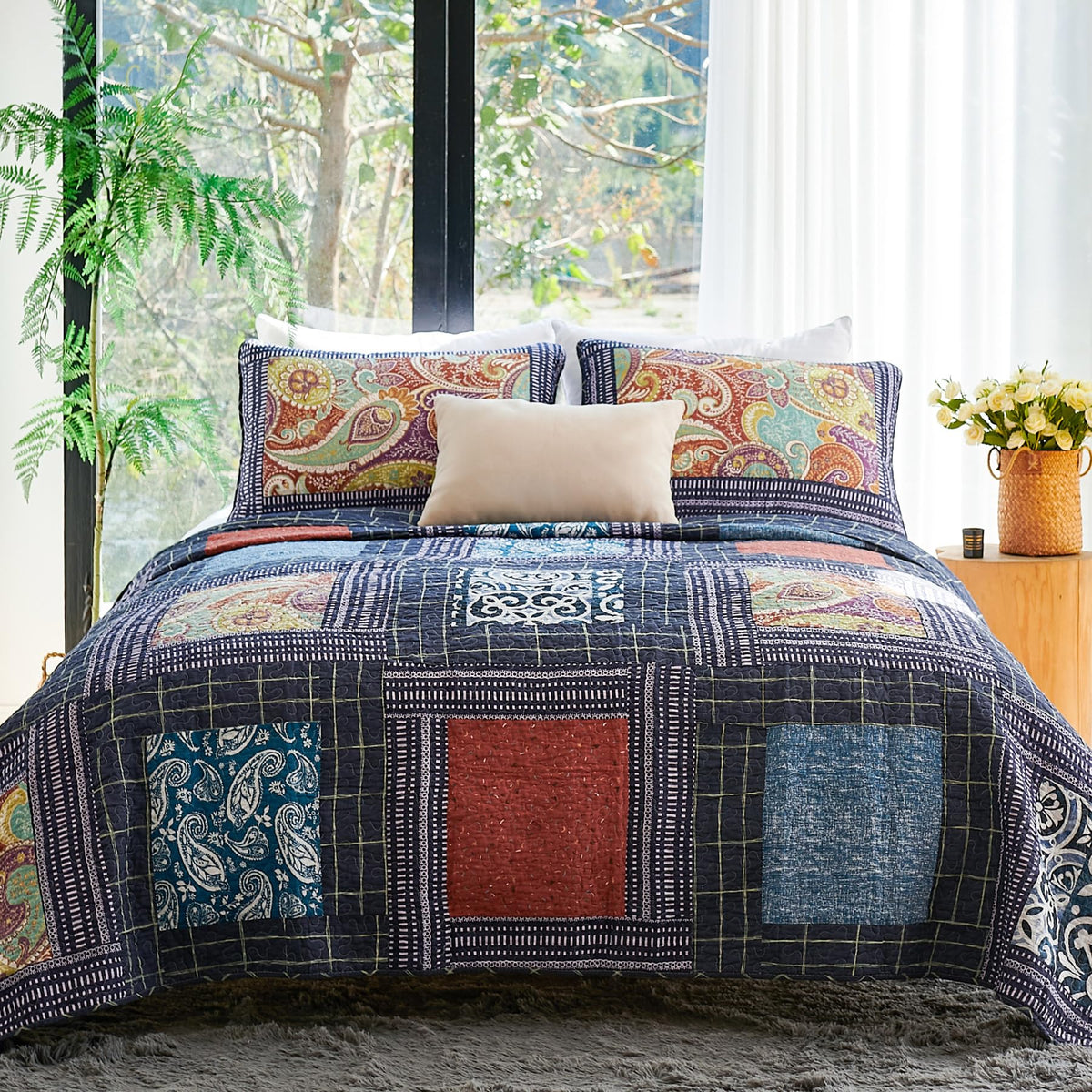 Secgo King Size Comforter Set- 100% Cotton Quilt King Size Set, Green, Sage bedspreads (96 * 108 Inch) with 2 Pillow Shams, Patchwork Reversible Lightweight Bedding