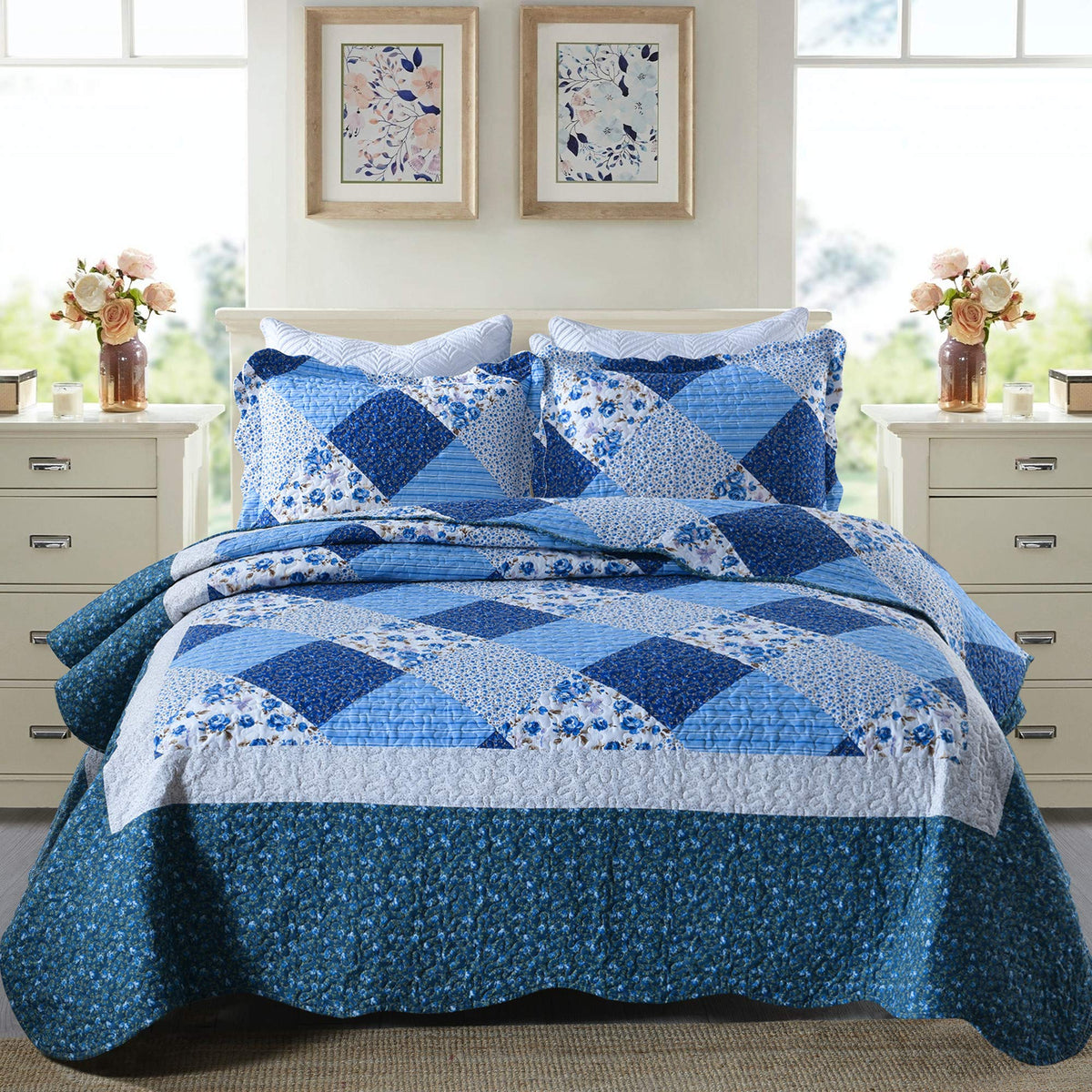 Travan 3-Piece Quilt Set Quilted Bedspread Lightweight Coverlet Set Garden Style Floral Printed Oversized Quilted Bedding Set with Shams for All Season, Exquisite, Queen Size