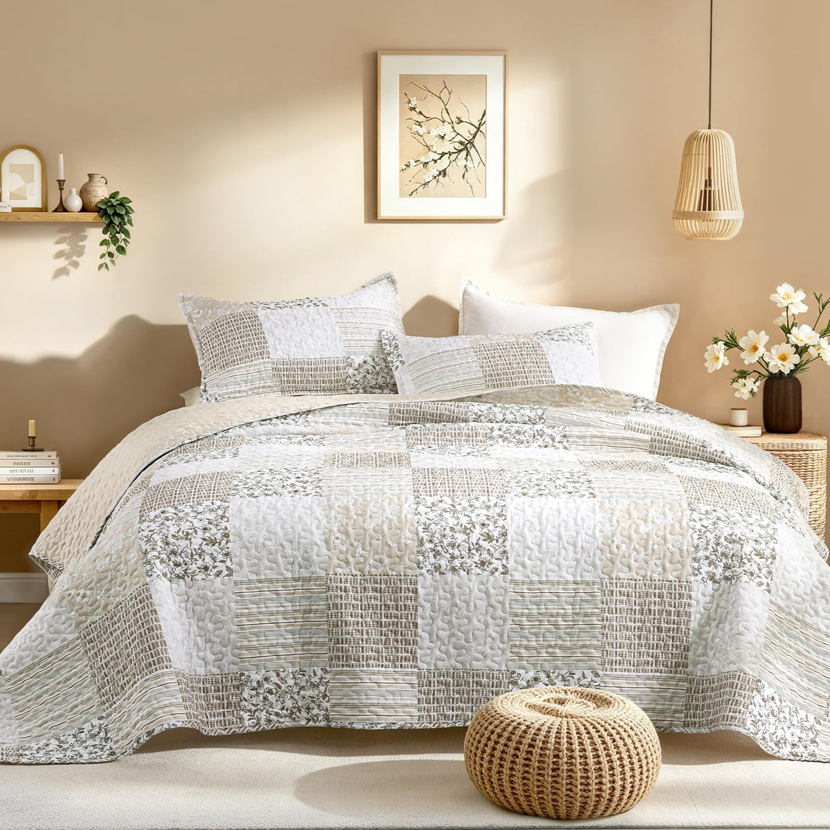 Litanika Floral Black Quilt King - 3Pcs Summer Boho Bedding Set