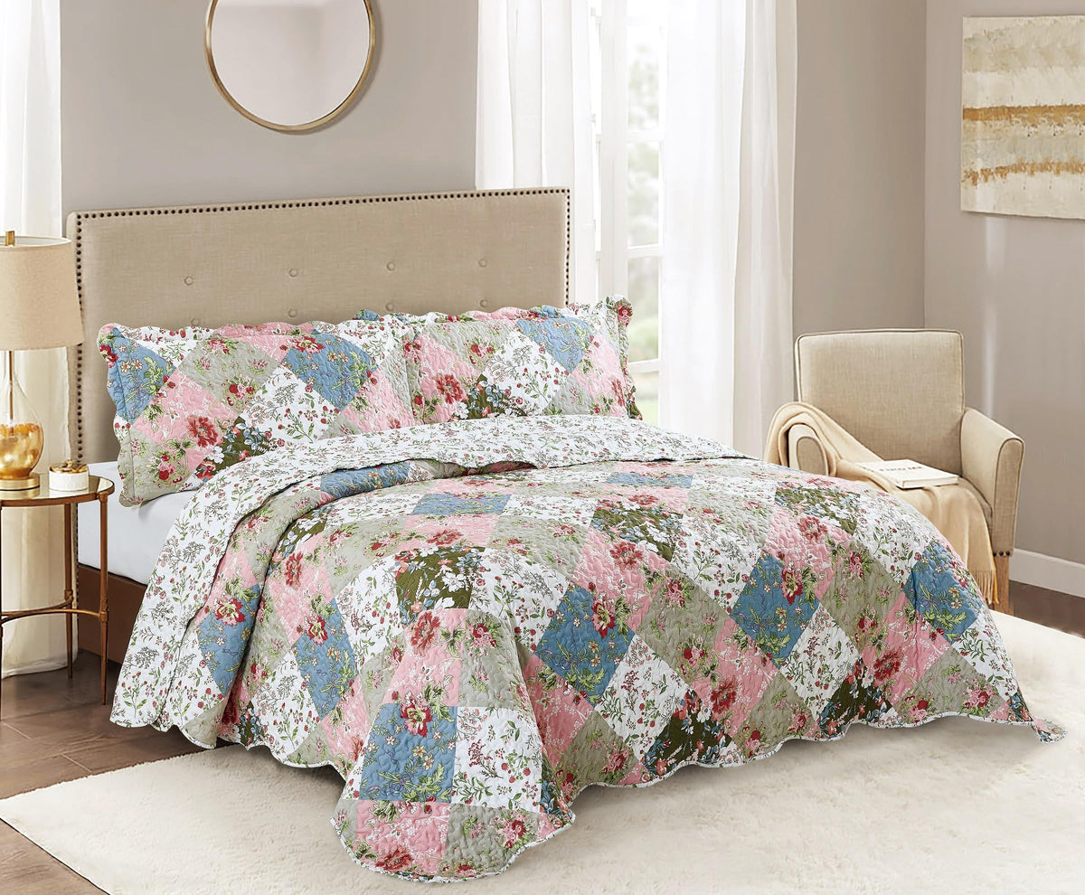 Brilliant Sunshine Rose and Sage Quilt Set, 3-Piece Bedding Sets, Traditional Patchwork Design, Washable and Reversible Bedspread, Soft Lightweight Coverlet, All-Season, Full/Queen, Light Pink Green
