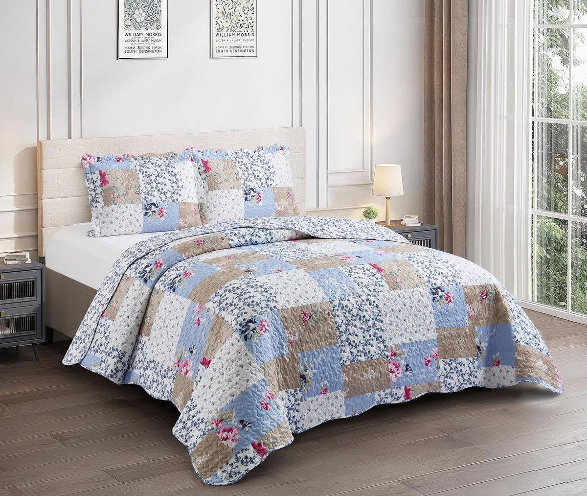 Brilliant Sunshine Rose and Sage Quilt Set, 3-Piece Bedding Sets, Traditional Patchwork Design, Washable and Reversible Bedspread, Soft Lightweight Coverlet, All-Season, Full/Queen, Light Pink Green