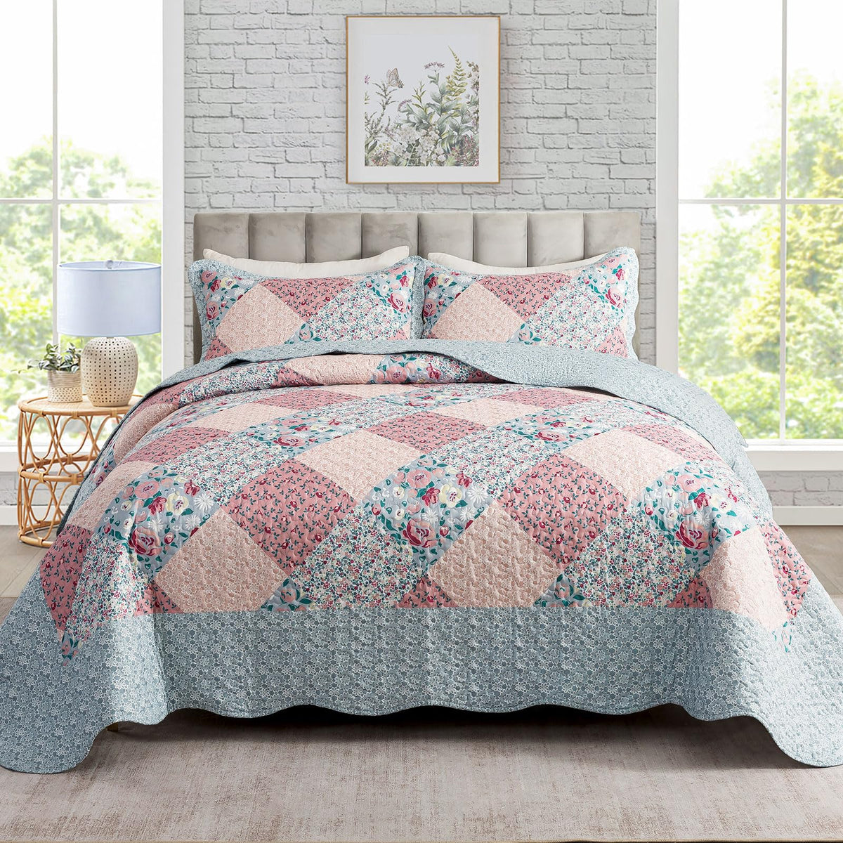 Travan 3-Piece Quilt Set Quilted Bedspread Lightweight Coverlet Set Garden Style Floral Printed Oversized Quilted Bedding Set with Shams for All Season, Exquisite, Queen Size