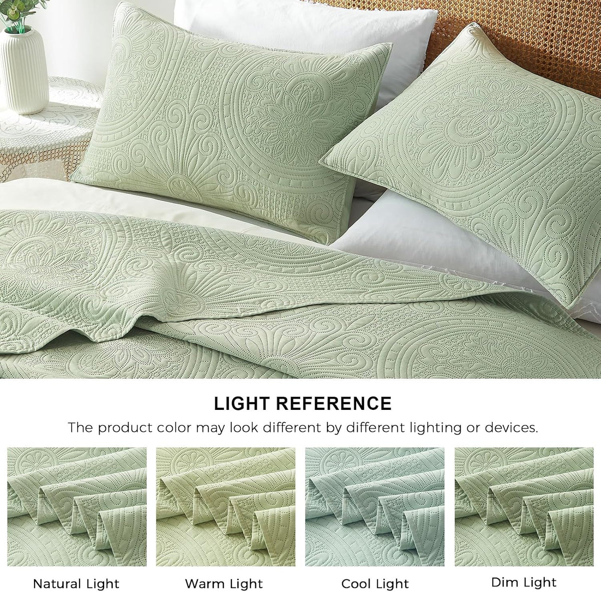WURUIBO King/Cal King Quilt Set Sage Green,Ultrasonic Embossed Bedspread, Lightweight Microfiber Coverlet, Modern Thin Bedding Set for All Season, 3 Piece(1 Quilt,2 Pillow Shams)