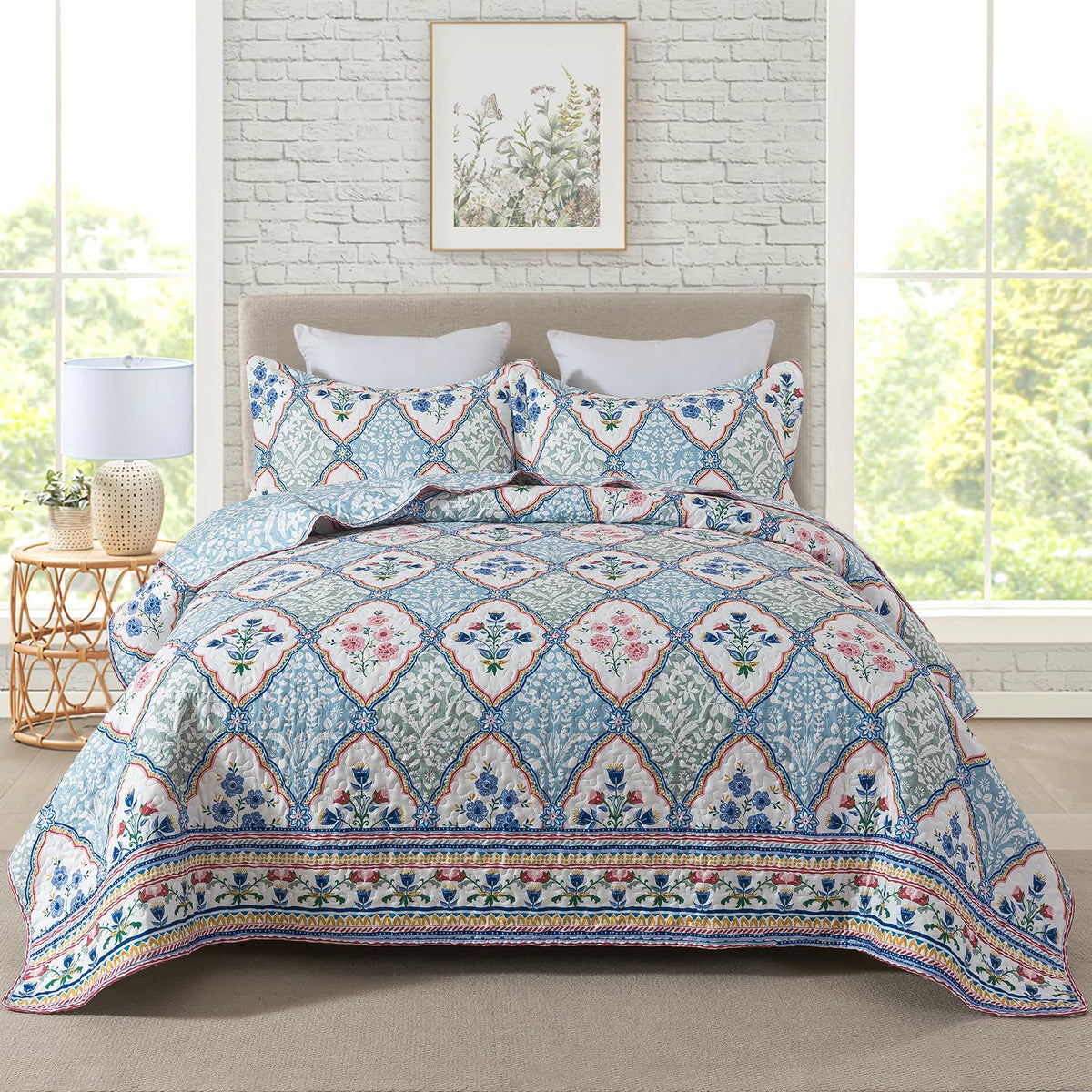 Travan 3-Piece Quilt Set Quilted Bedspread Lightweight Coverlet Set Garden Style Floral Printed Oversized Quilted Bedding Set with Shams for All Season, Exquisite, Queen Size
