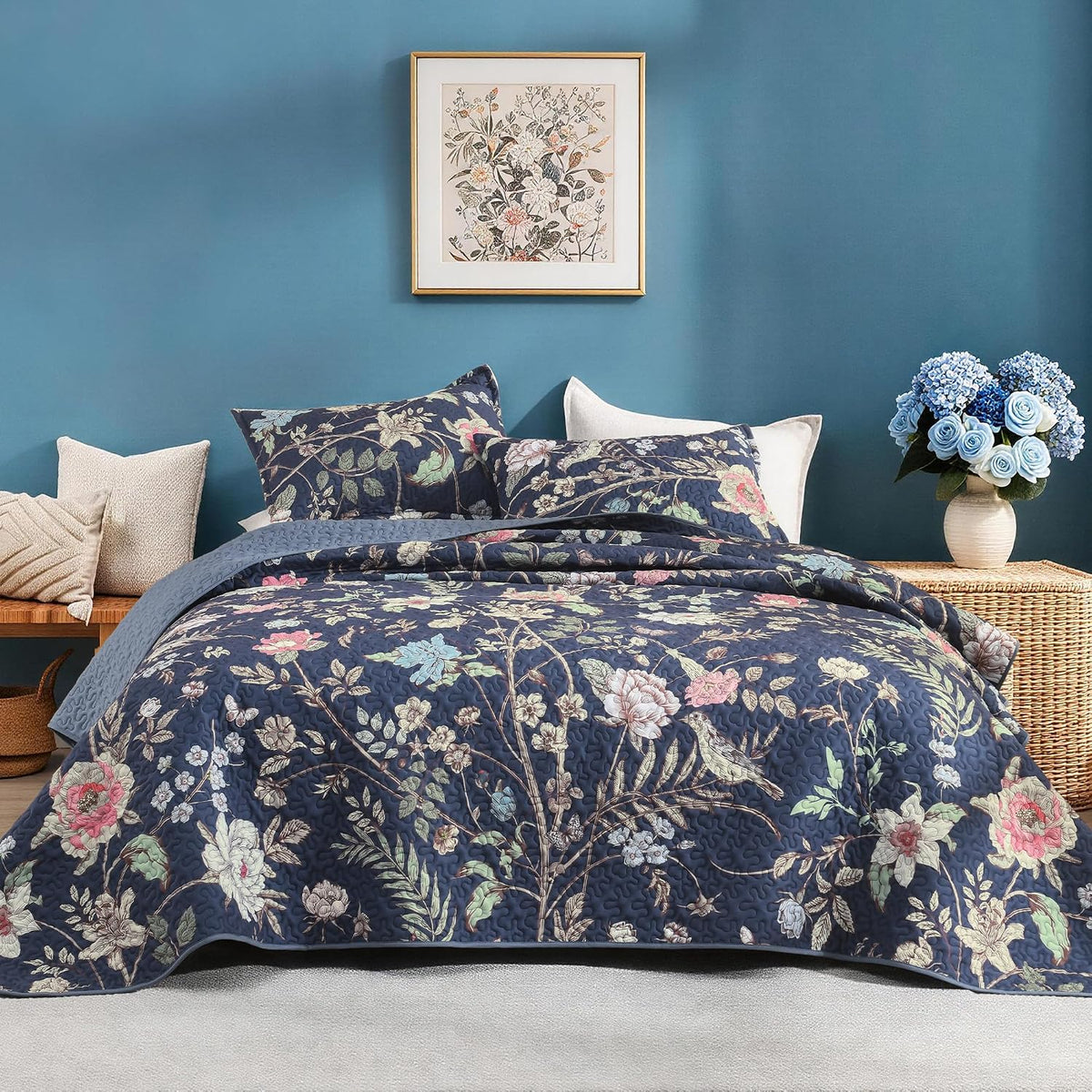 Litanika Floral Black Quilt King - 3Pcs Summer Boho Bedding Set