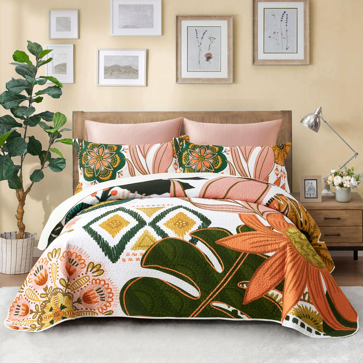 Tyrot 3 Piece Black Boho Floral Butterfly King Quilt Bedding Sets