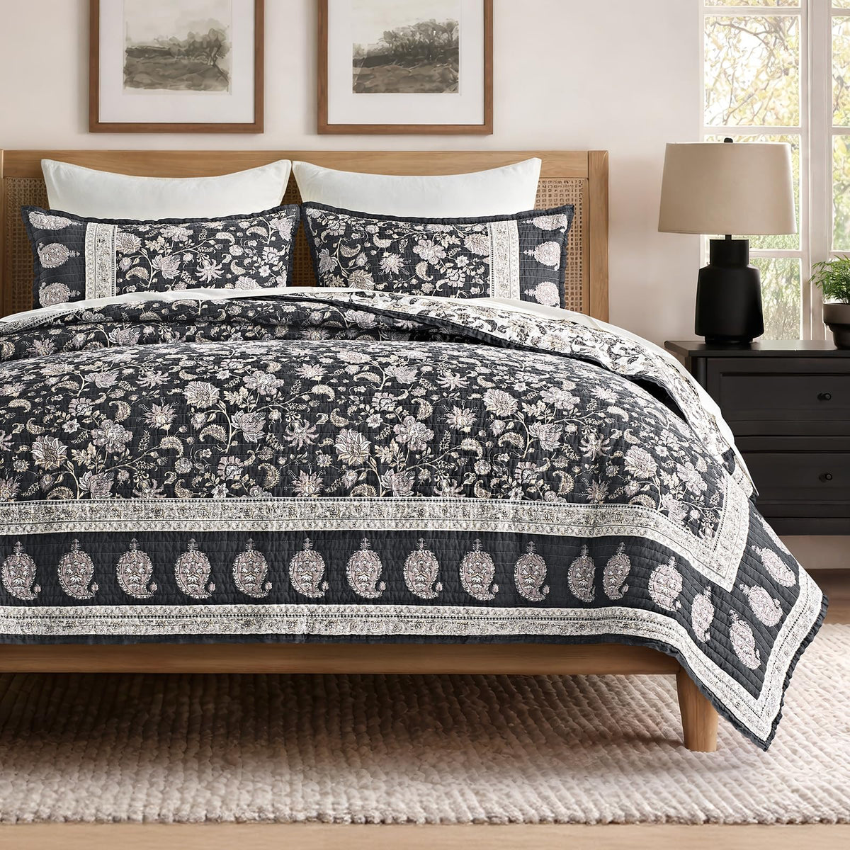 EverGrace 100% Cotton Floral Quilt Set, King Size, Sage Green 108"×96"