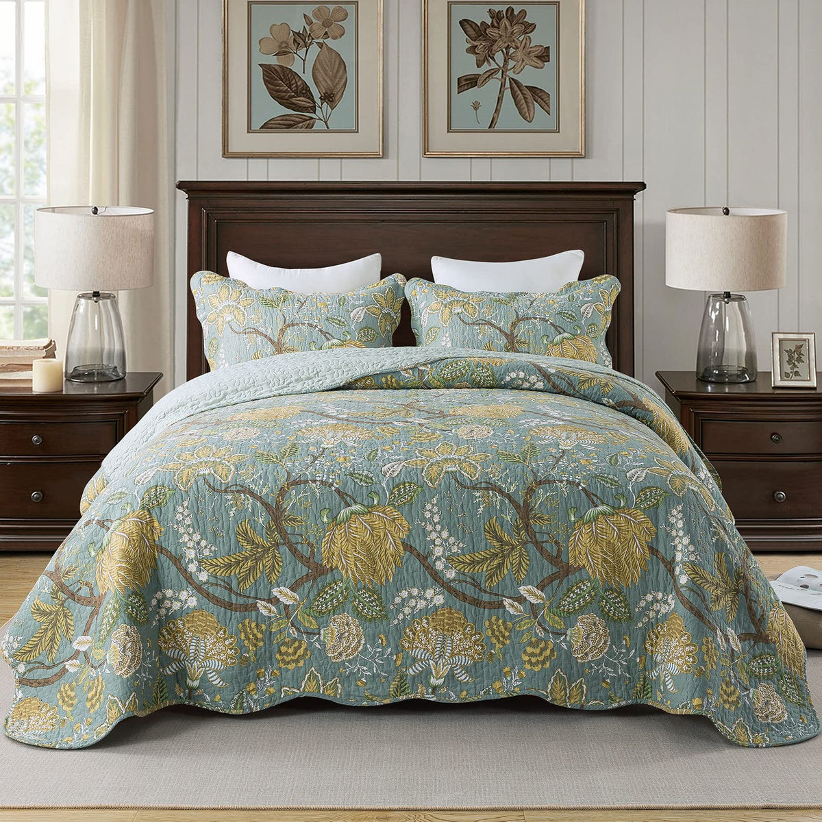 Travan 3-Piece Quilt Set Quilted Bedspread Lightweight Coverlet Set Garden Style Floral Printed Oversized Quilted Bedding Set with Shams for All Season, Exquisite, Queen Size