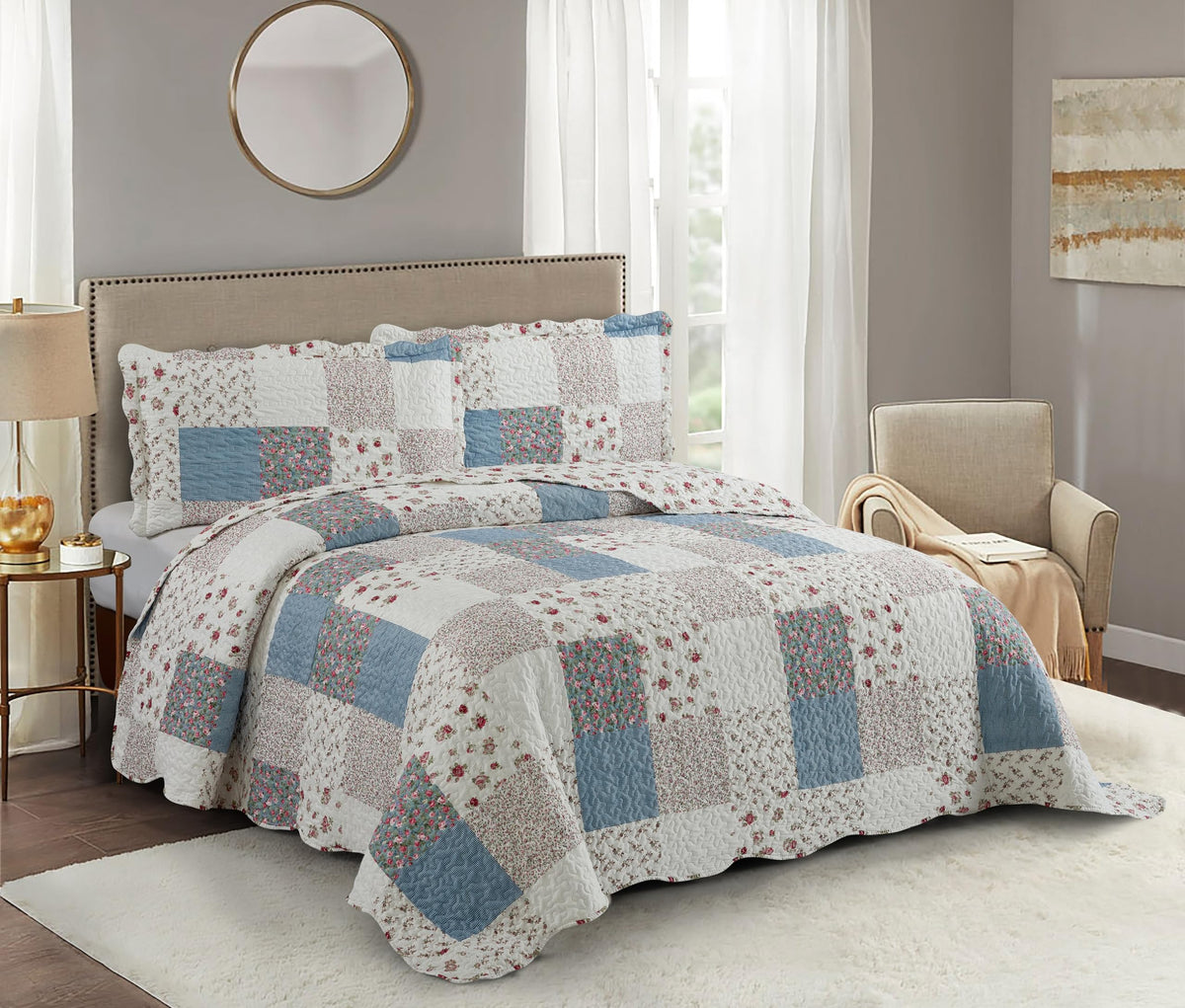 Brilliant Sunshine Rose and Sage Quilt Set, 3-Piece Bedding Sets, Traditional Patchwork Design, Washable and Reversible Bedspread, Soft Lightweight Coverlet, All-Season, Full/Queen, Light Pink Green