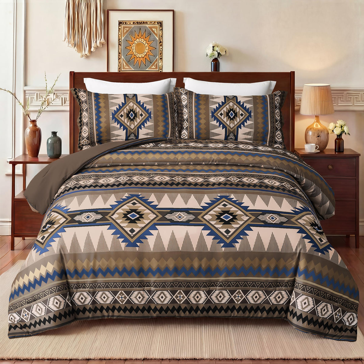 Tyrot King Comforter Set – 3 Piece Brown Boho Aztec Bedding, Western Southwestern Style Comforter Sets, Soft Lightweight Comforter for All Seasons, 1 Comforter & 2 Pillow Shams