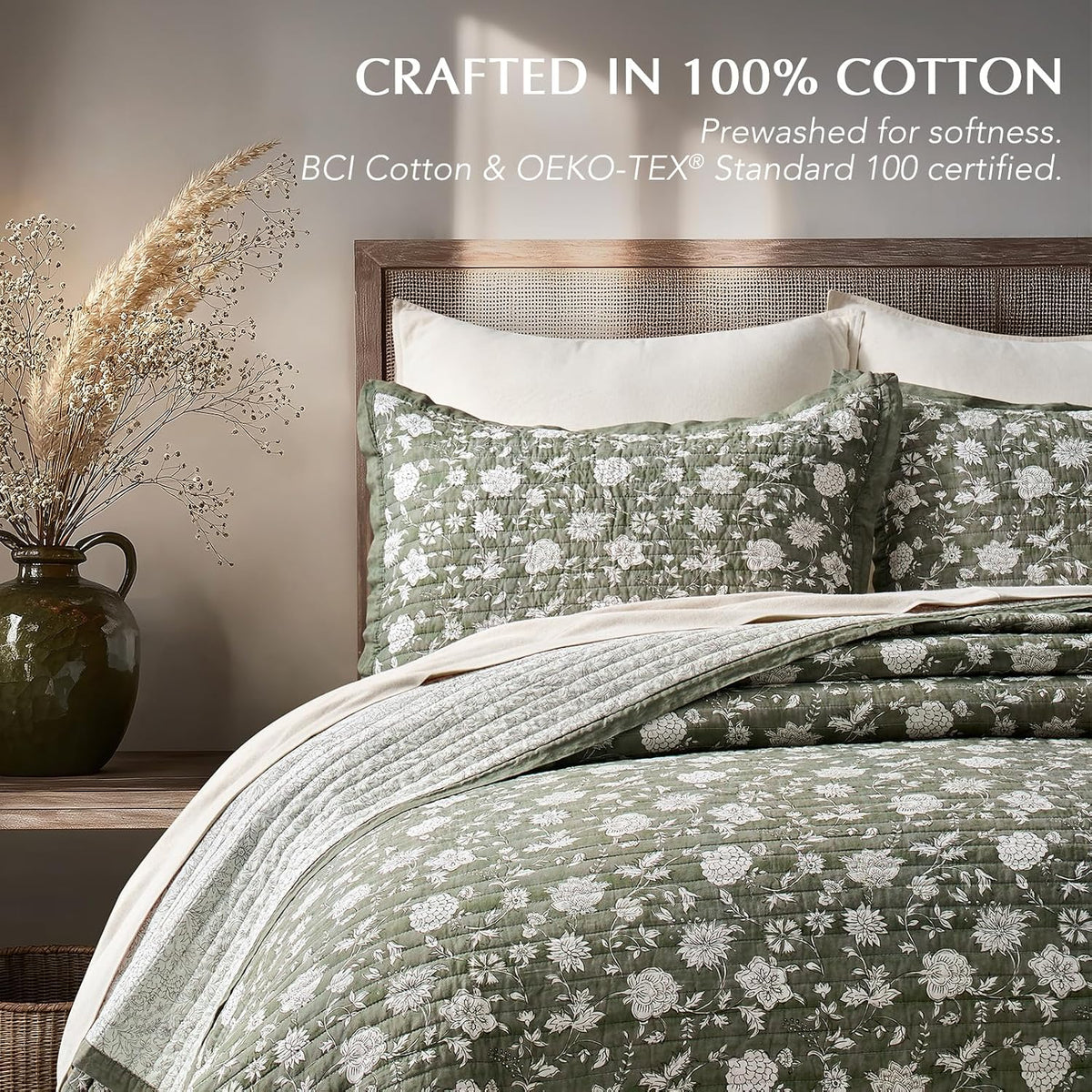 EverGrace 100% Cotton Floral Quilt Set, King Size, Sage Green 108"×96"