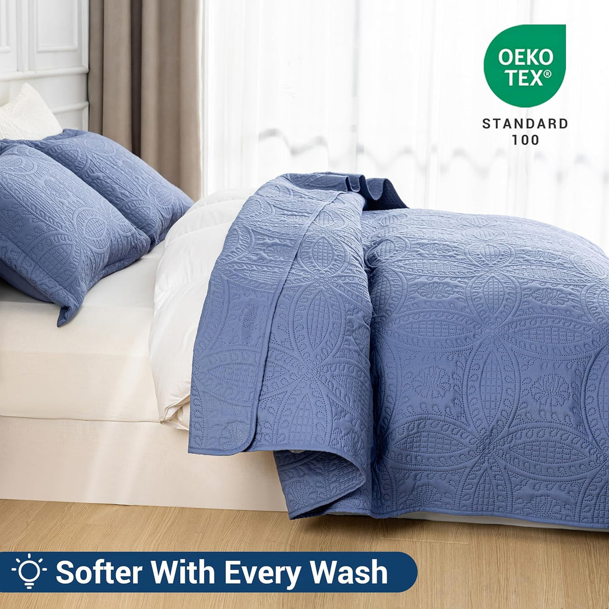 SheRest Queen Quilt Bedding Set - Grayish Blue Soft Breathable Bed Quilts, Modern Style Embossed Bedspreads, Lightweight Microfiber Coverlet for All Seasons-3 Pieces (1 Quilt,2 Pillow Shams)