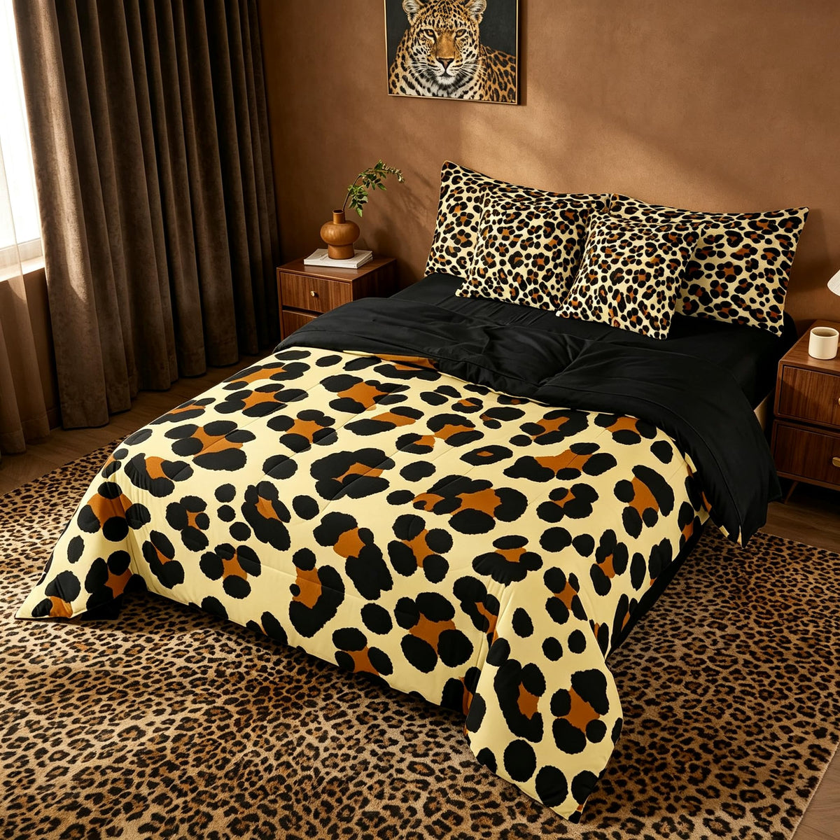 Erosebridal Leopard Print 7 Piece Bedding Set Full Cheetah Decor Comforter Set with Sheets Geometric Modern Bed in A Bag African Safari Animal Bed Sets with 2 Pillowcases, 2 Pillow Covers Lightweight