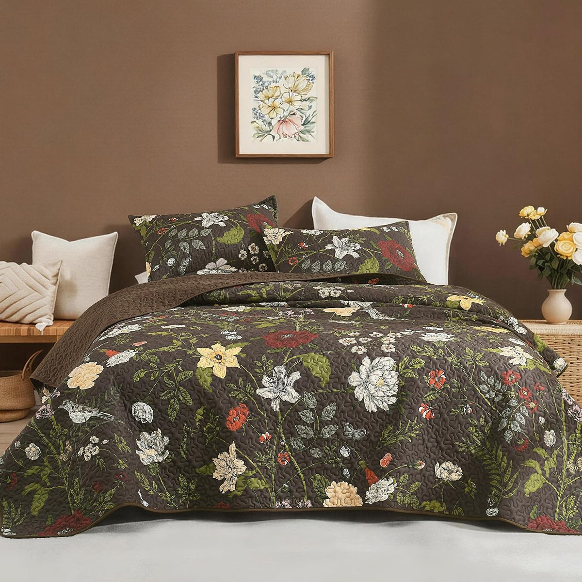 Litanika Floral Black Quilt King - 3Pcs Summer Boho Bedding Set