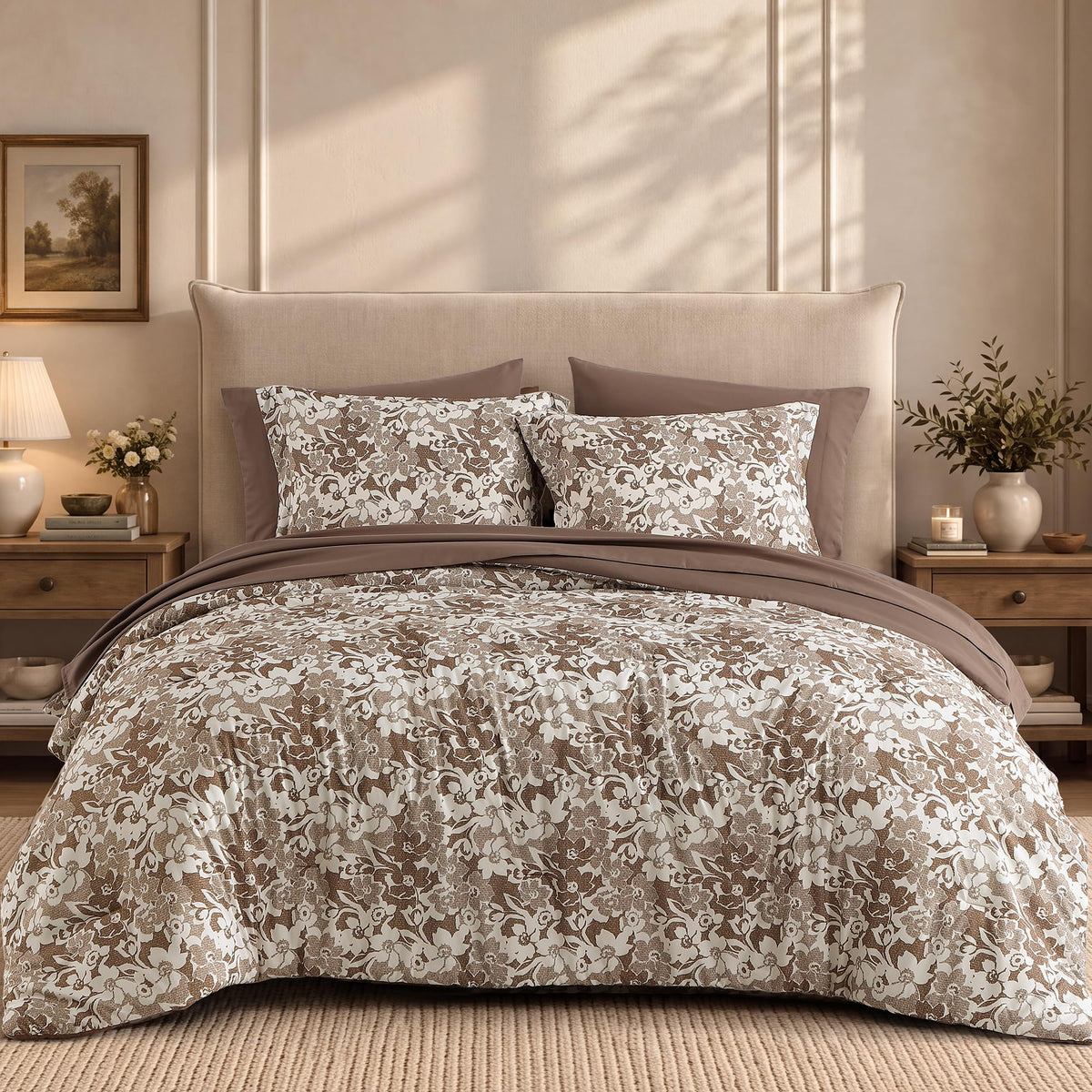 BLOOMHAVEN Queen Comforter Set-7 Pieces Brown Floral Bed in a Bag Queen