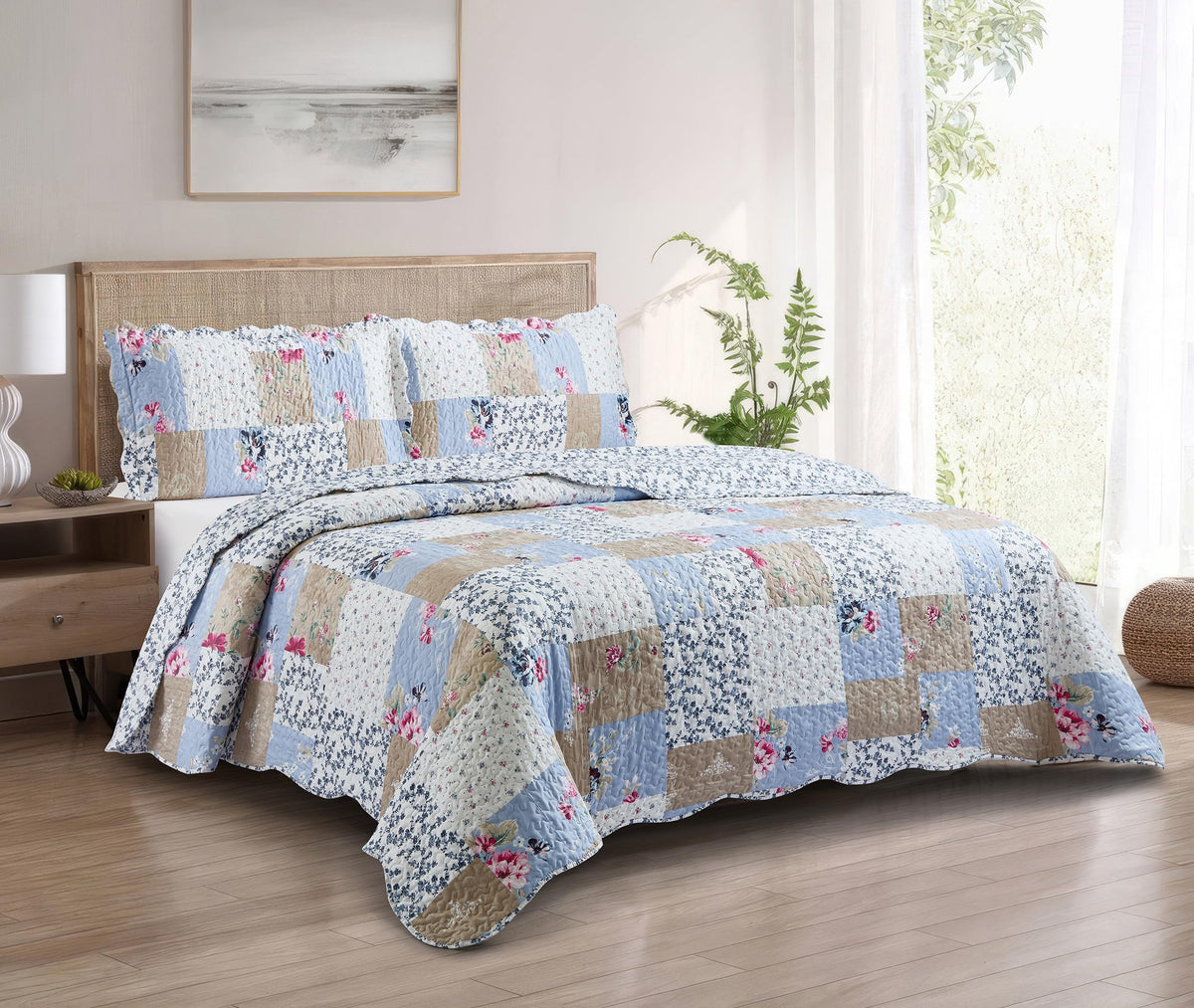 Brilliant Sunshine Rose and Sage Quilt Set, 3-Piece Bedding Sets, Traditional Patchwork Design, Washable and Reversible Bedspread, Soft Lightweight Coverlet, All-Season, Full/Queen, Light Pink Green