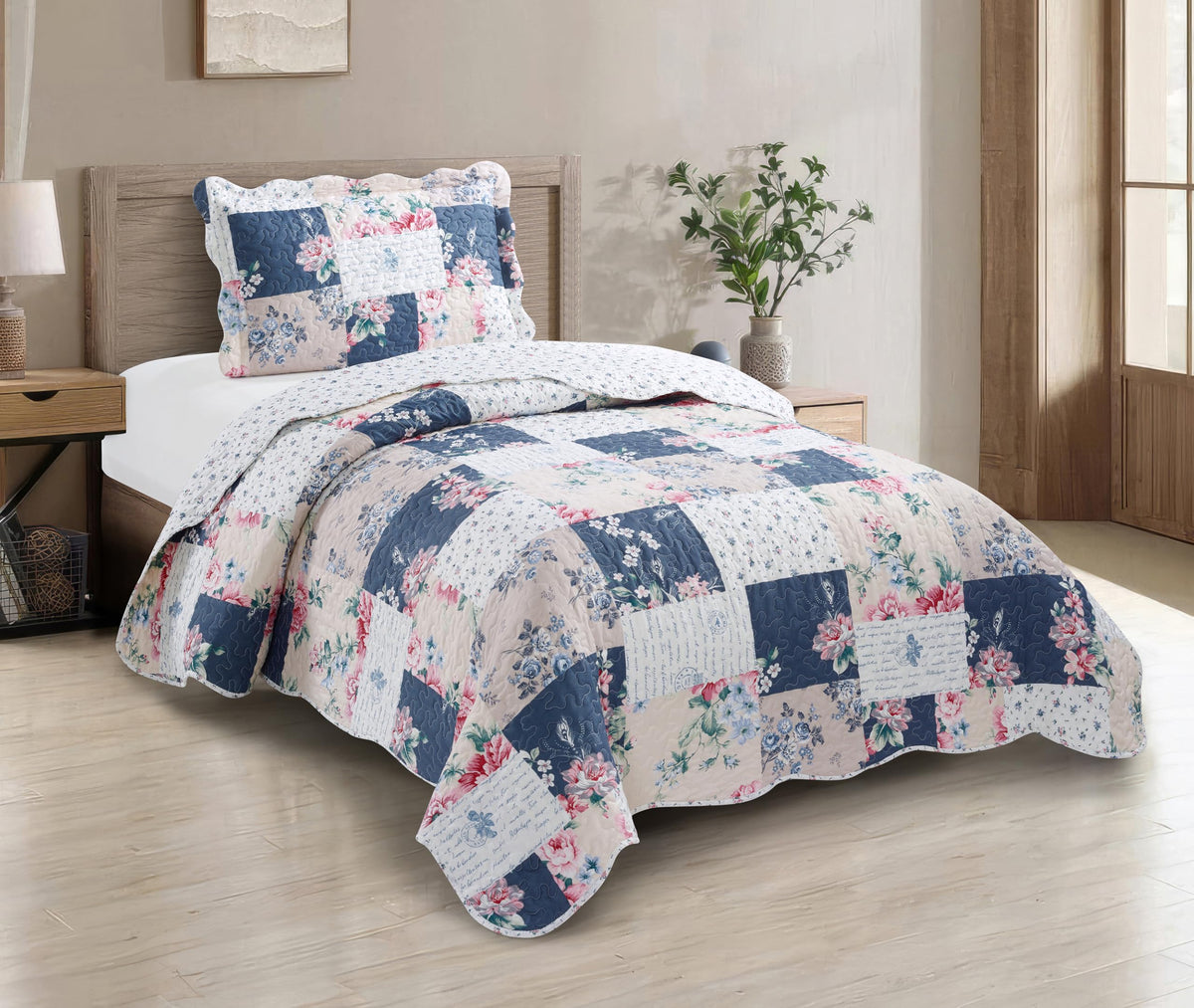 Brilliant Sunshine Rose and Sage Quilt Set, 3-Piece Bedding Sets, Traditional Patchwork Design, Washable and Reversible Bedspread, Soft Lightweight Coverlet, All-Season, Full/Queen, Light Pink Green
