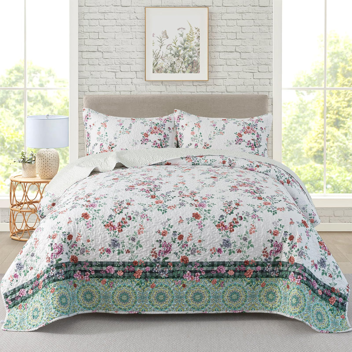 Travan 3-Piece Quilt Set Quilted Bedspread Lightweight Coverlet Set Garden Style Floral Printed Oversized Quilted Bedding Set with Shams for All Season, Exquisite, Queen Size