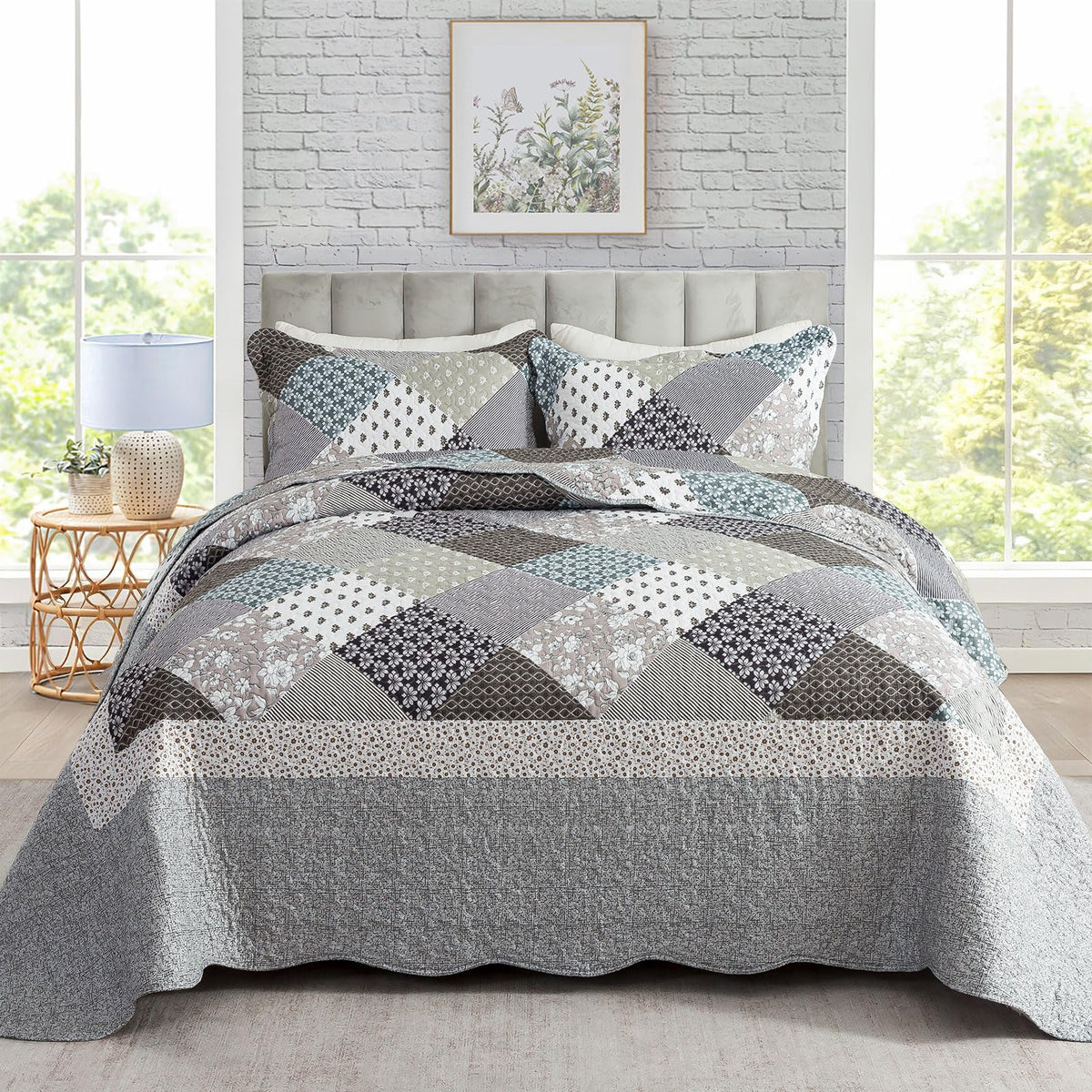 Travan 3-Piece Quilt Set Quilted Bedspread Lightweight Coverlet Set Garden Style Floral Printed Oversized Quilted Bedding Set with Shams for All Season, Exquisite, Queen Size