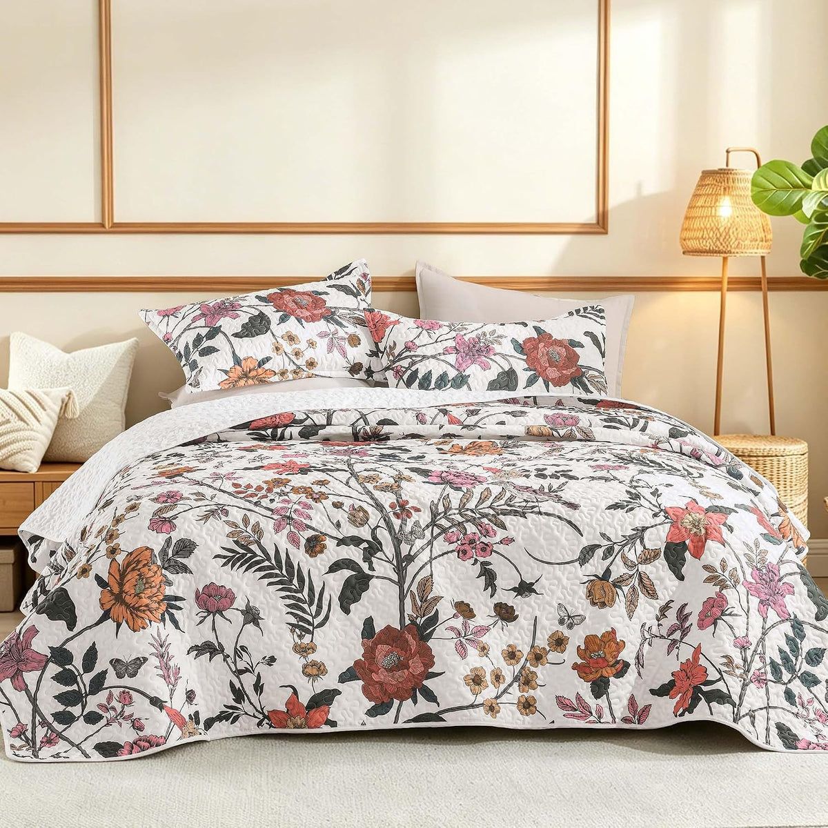 Litanika Floral Black Quilt King - 3Pcs Summer Boho Bedding Set