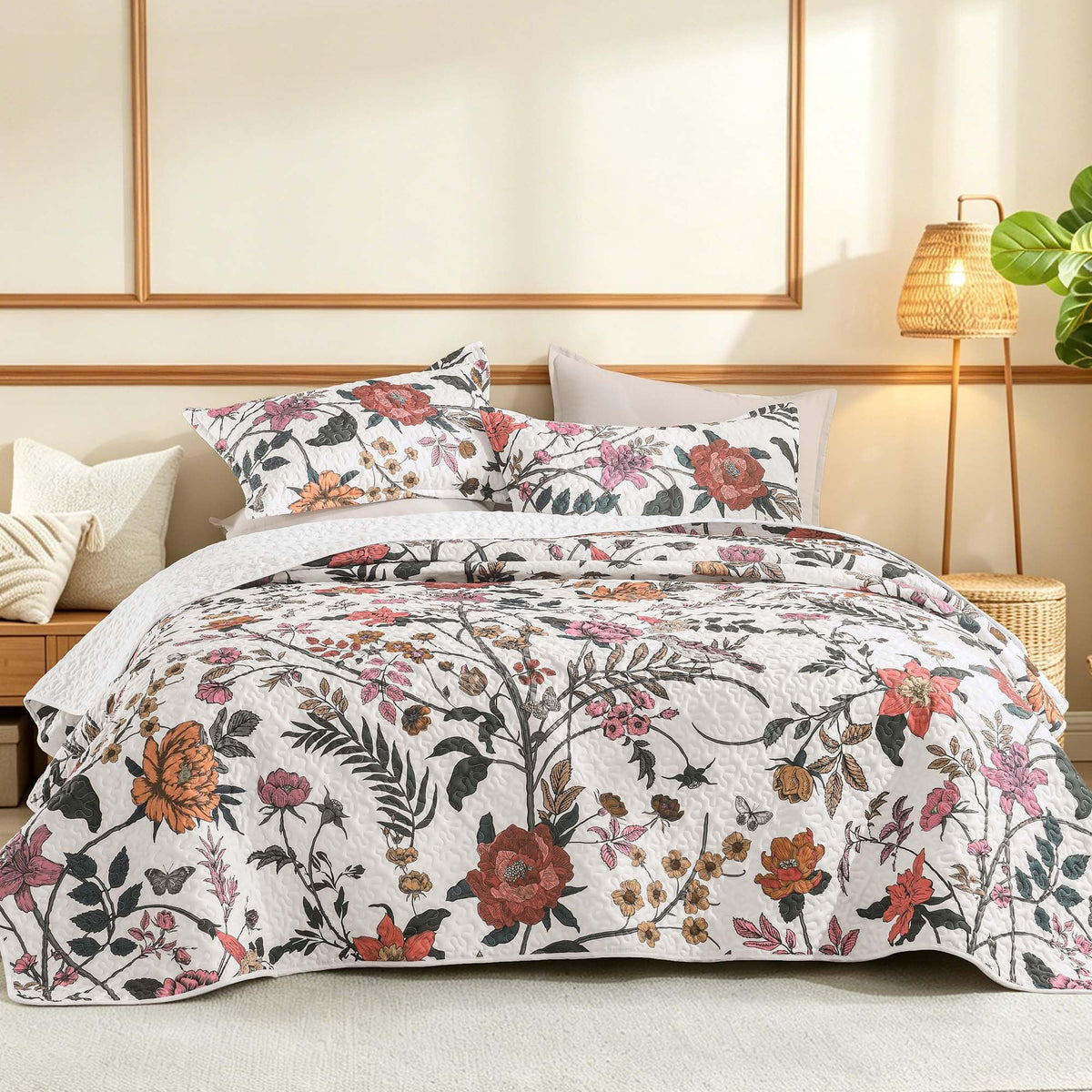 Litanika Floral Black Quilt King - 3Pcs Summer Boho Bedding Set
