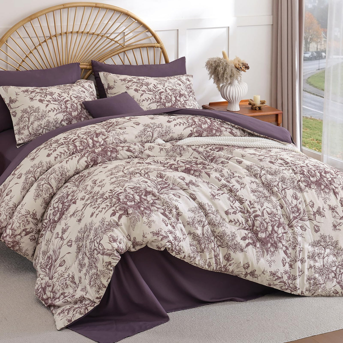 Queen Comforter Set 8 Pieces, Floral Comforter Set, Brown Bed in a Bag