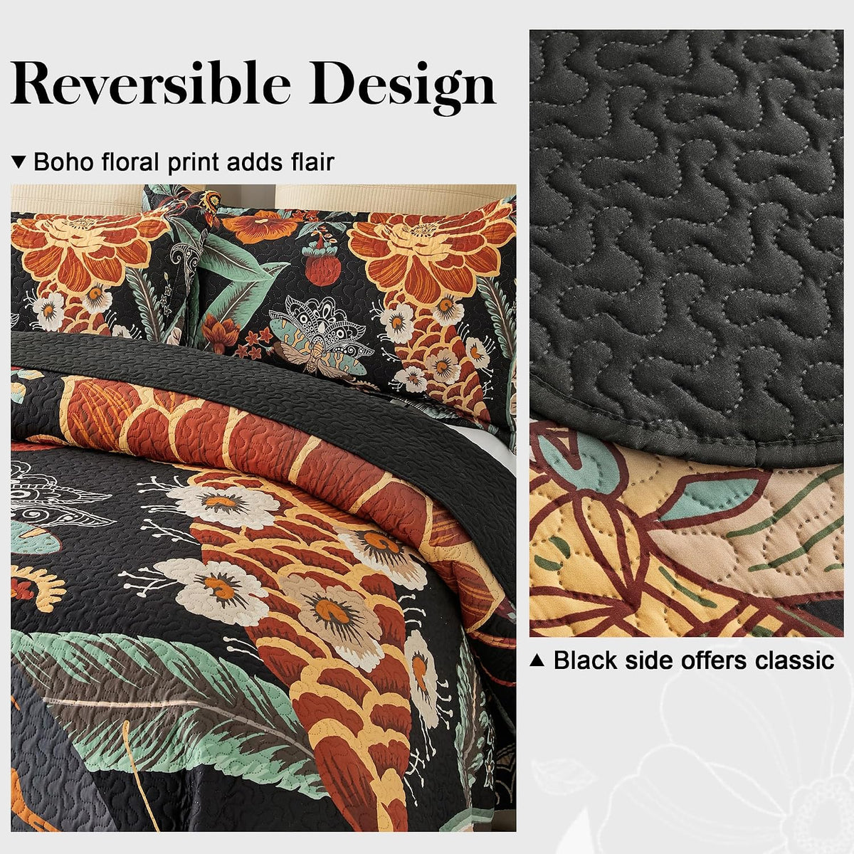 Tyrot 3 Piece Black Boho Floral Butterfly King Quilt Bedding Sets