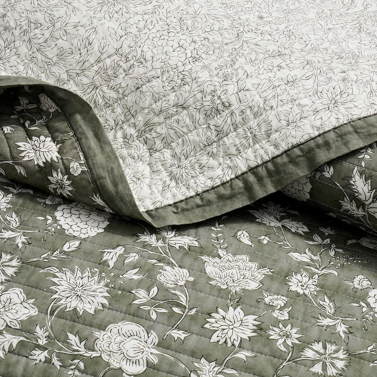 EverGrace 100% Cotton Floral Quilt Set, King Size, Sage Green 108"×96"