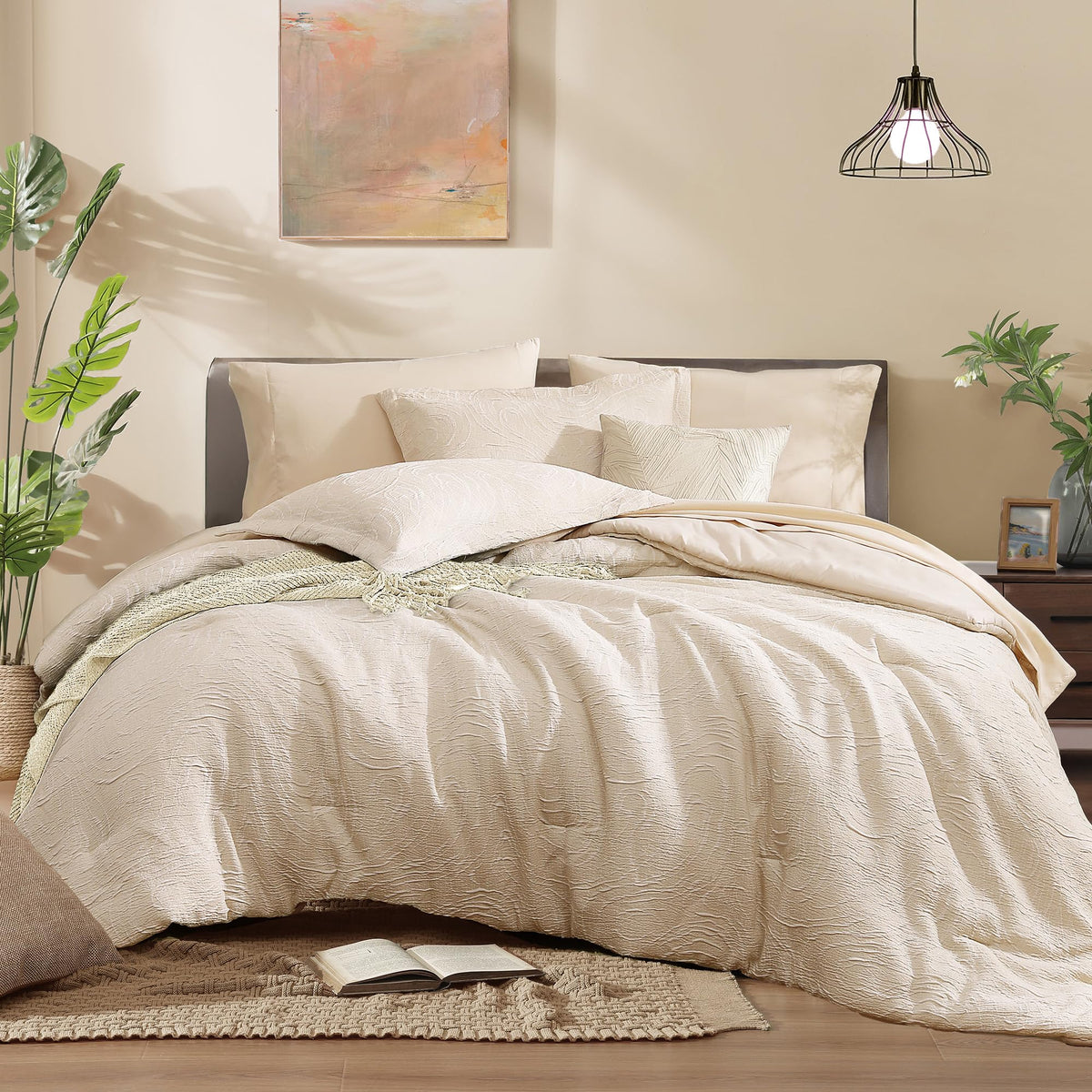 Monbix Queen Comforter Set 7 Pieces Terracotta Cationic Dyeing Bed in a Bag