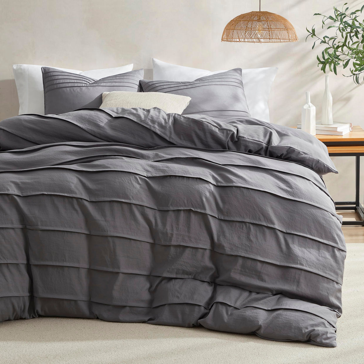 Oli Anderson 3PCS Pleated Duvet Cover Set, Sage Green, Queen