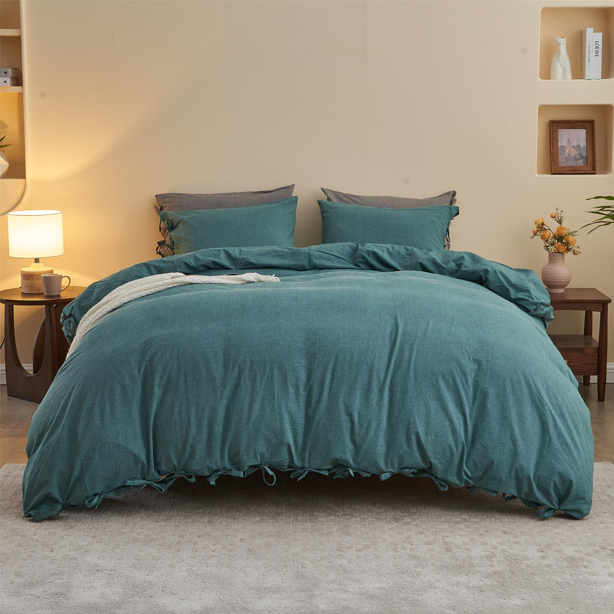 BISELINA 100% Washed Cotton Duvet Cover Set 3pcs with Bowknot Ties Strap Solid Color Linen Like Textured Durable Breathable Soft Comfy Chic Bedding (Twin, Cornflower Blue)