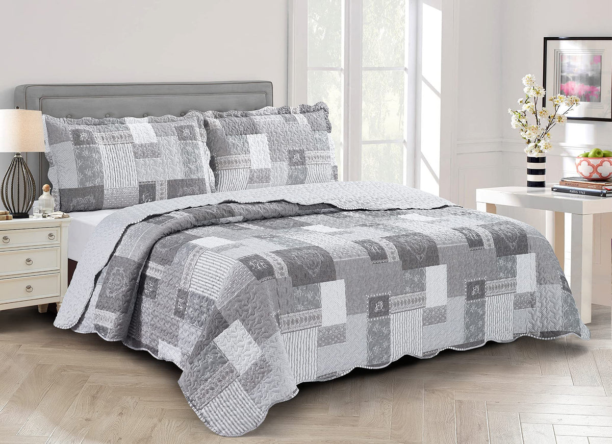 Brilliant Sunshine Rose and Sage Quilt Set, 3-Piece Bedding Sets, Traditional Patchwork Design, Washable and Reversible Bedspread, Soft Lightweight Coverlet, All-Season, Full/Queen, Light Pink Green